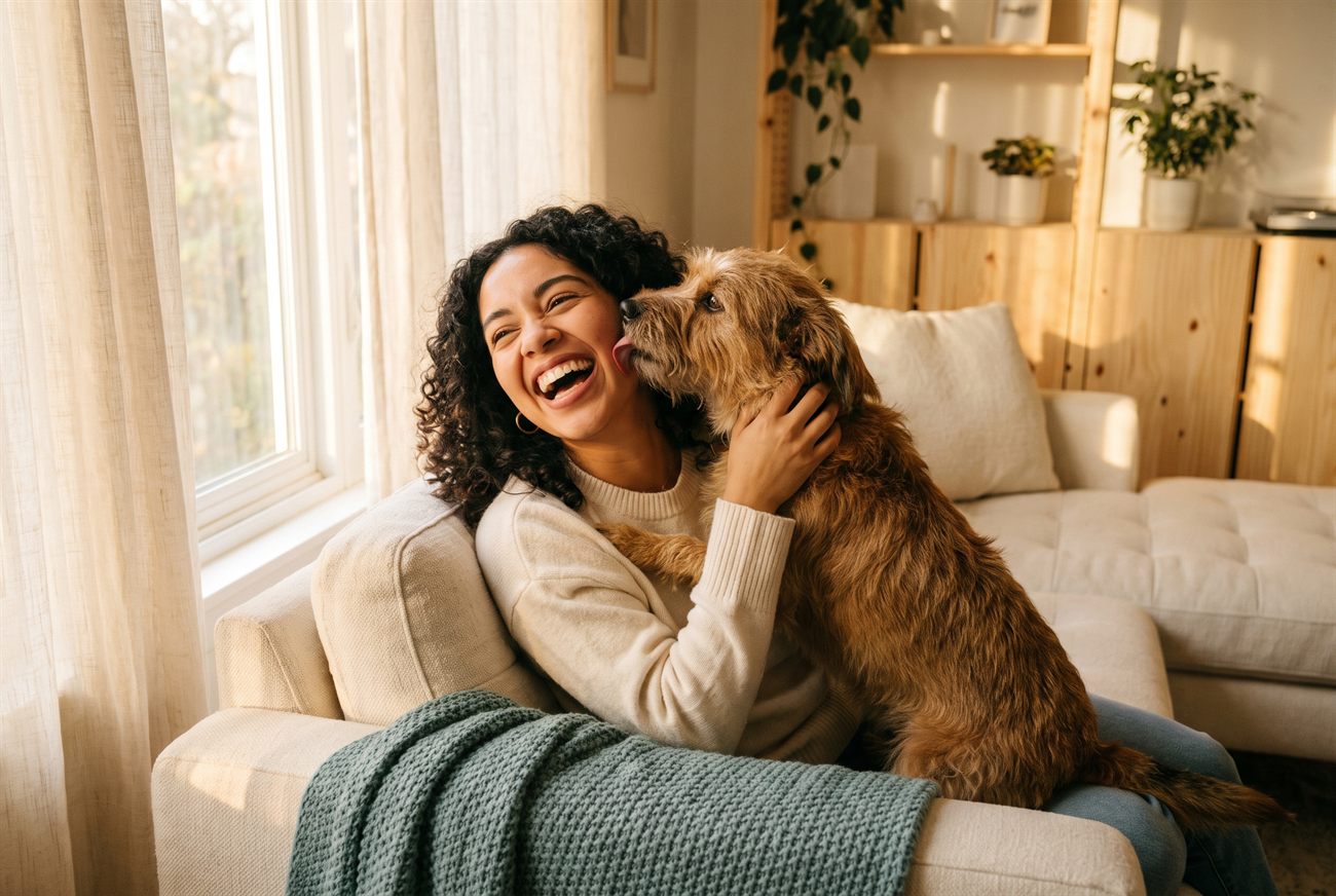 Mujer abrazando a su perro en casa