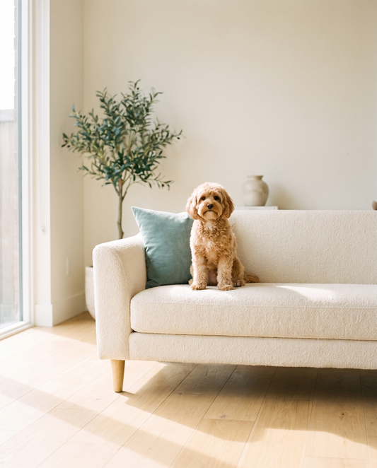 Sala limpia y sin pelo con un perro pequeño en el sillón