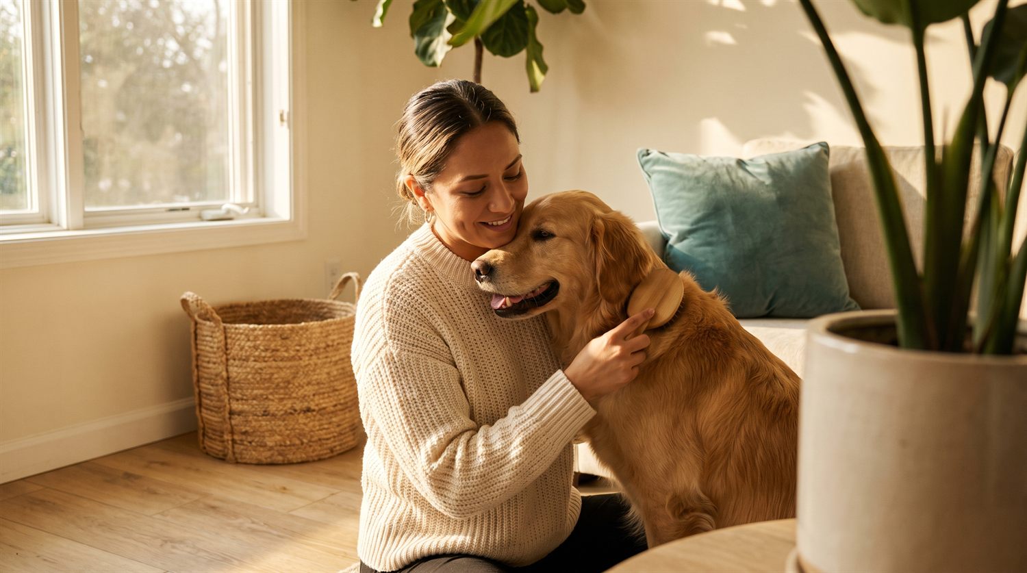 Mujer cepillando a su golden retriever en la sala